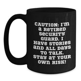 Gifts from Friends to Security Guard, Funny Caution Quotes on Black Coffee Mug, Birthday Unique Gifts for Retired Security Guards - Main